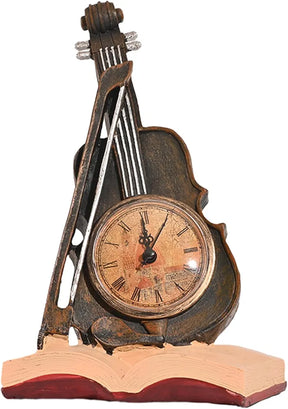 Violin Model Figurine Creative Table Clock Rests On Book