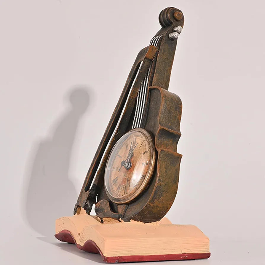 Violin Model Figurine Creative Table Clock Rests On Book