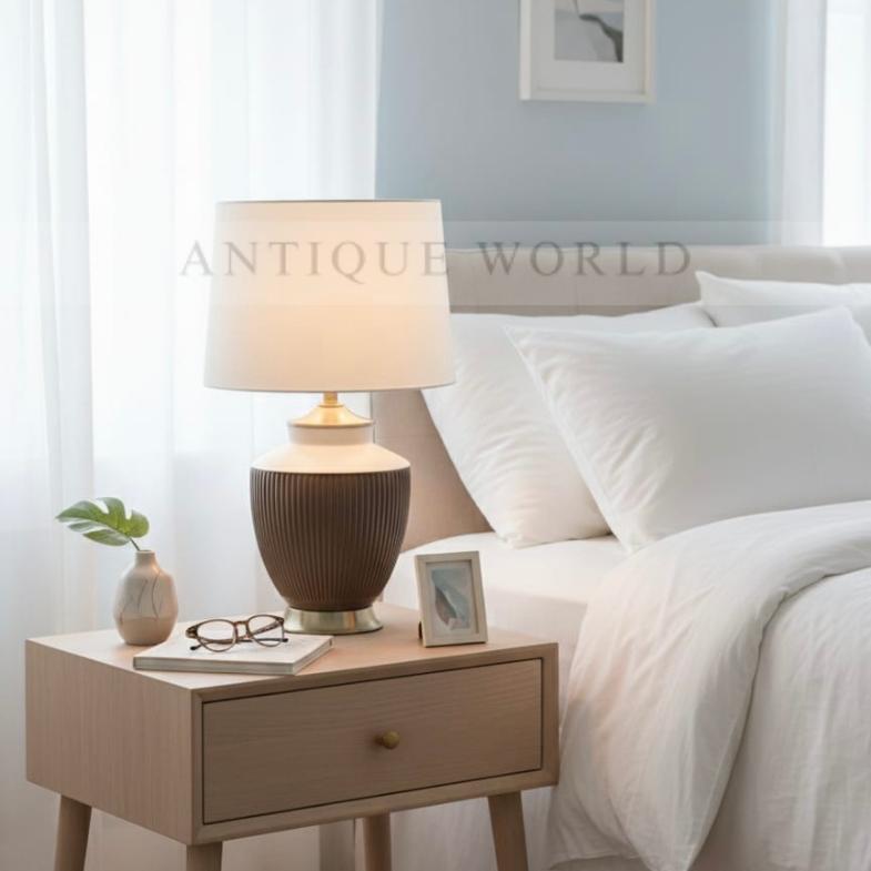 Amber Swirl Bedside Lamp with Simple Drum Shade