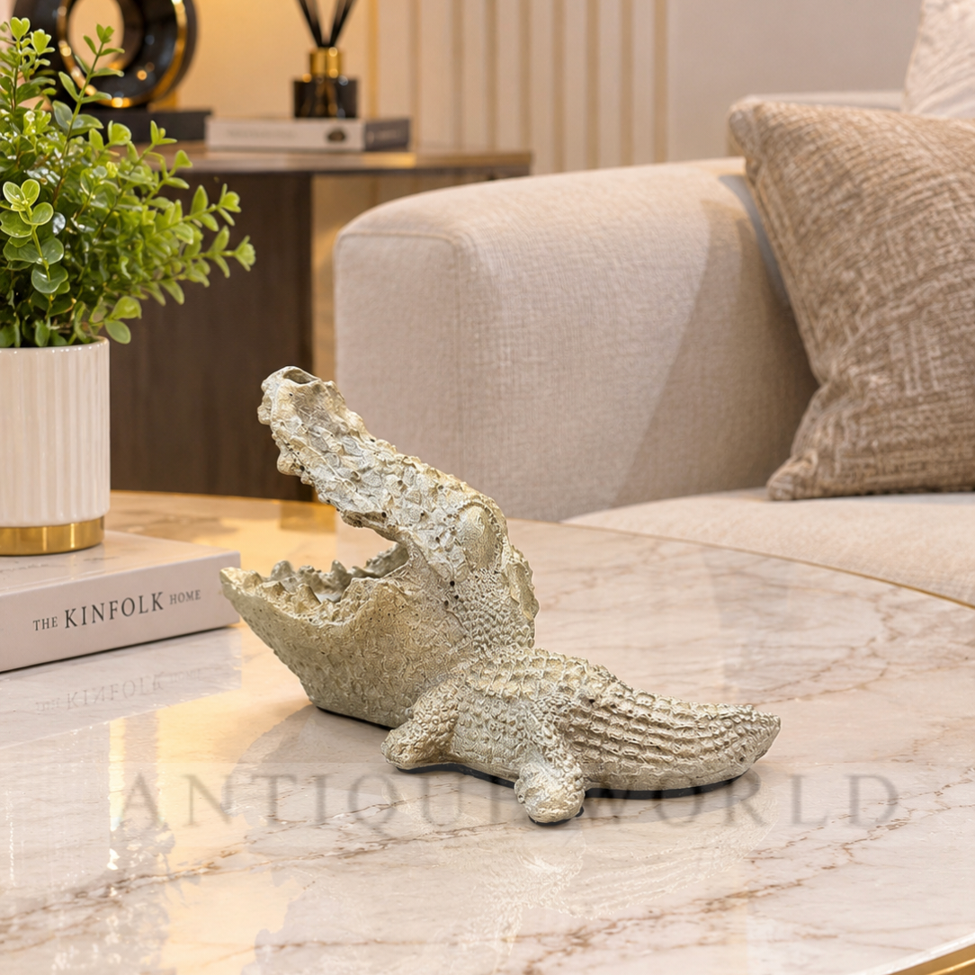 Antique Black & Gold Crocodile Elegance Ash Tray & Card Holder & Sculpture