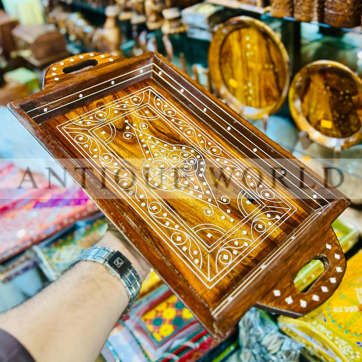 Solid Wood Tray with White Inlay Naqshi Work