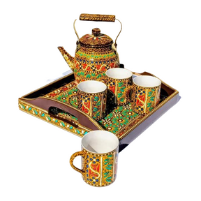 Swati Traditional Art Hand Painted Ceramic Cups and Steel Teapot 6pc Set