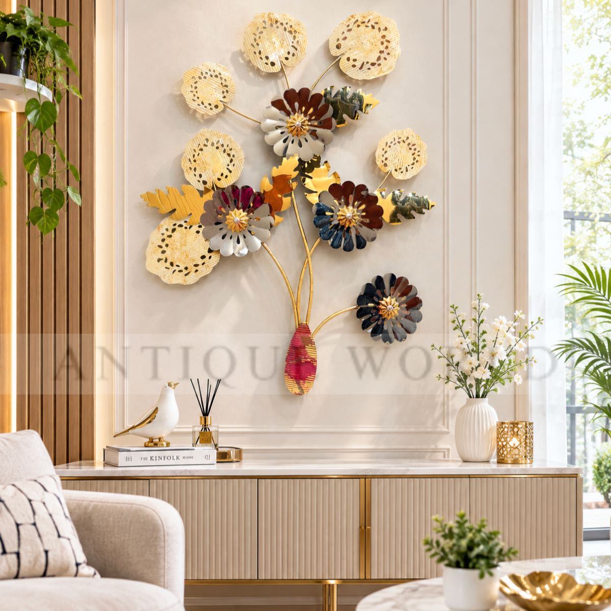 Golden Bloom Elegance Metal Wall Hanging