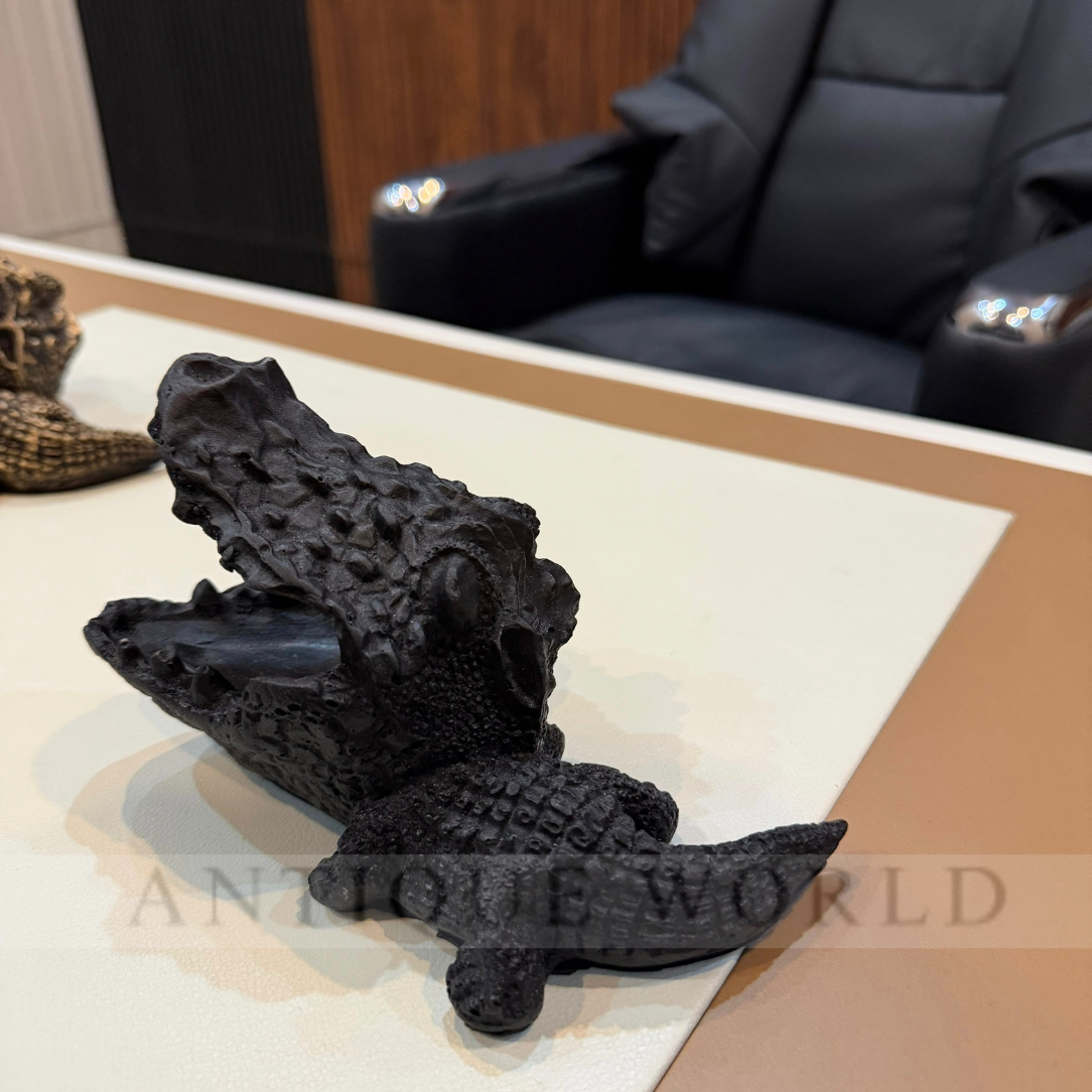 Antique Black & Gold Crocodile Elegance Ash Tray & Card Holder & Sculpture