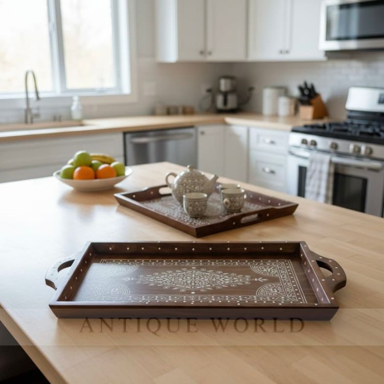 Walnut Wood & Bone Inlay Serving Tray