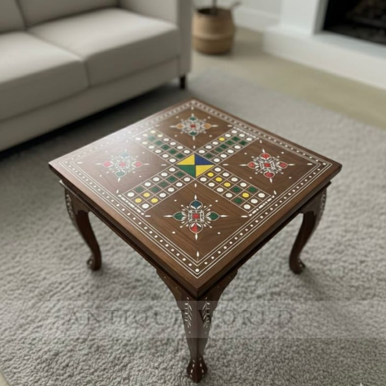 Artisanal Wooden Ludo Table with Cabriole Legs
