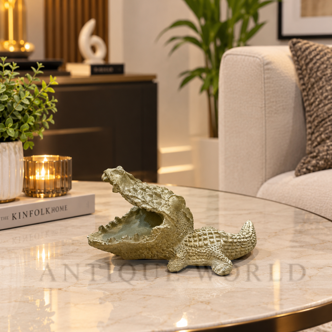 Antique Black & Gold Crocodile Elegance Ash Tray & Card Holder & Sculpture