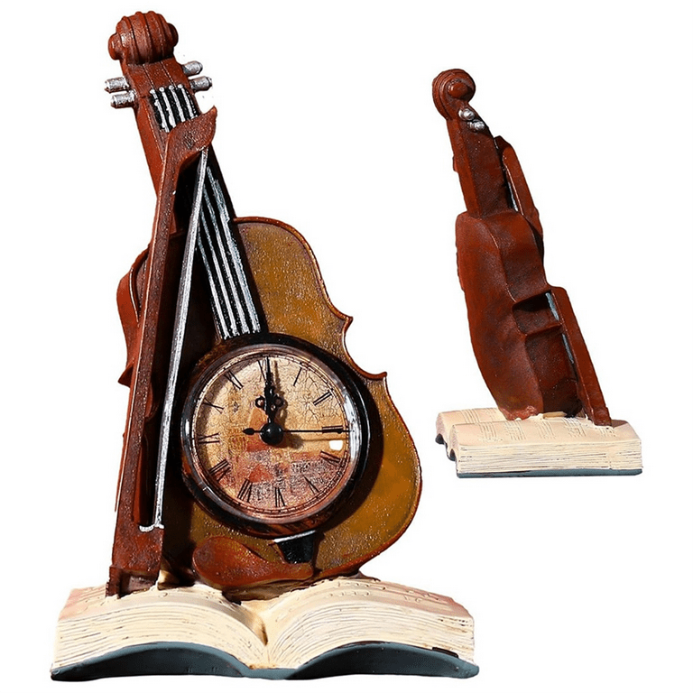 Violin Model Figurine Creative Table Clock Rests On Book