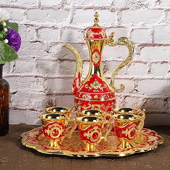 Royal Metal Tea Pot with 6 Tea Cups and Tray