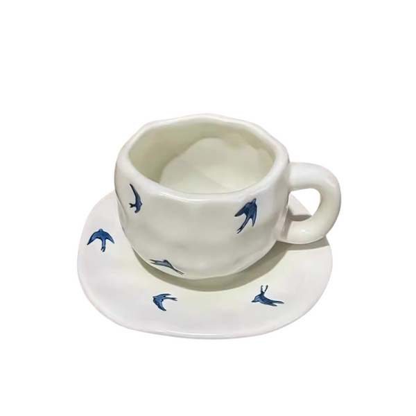 Matte White Blue Swallow Coffee Cup and Saucer