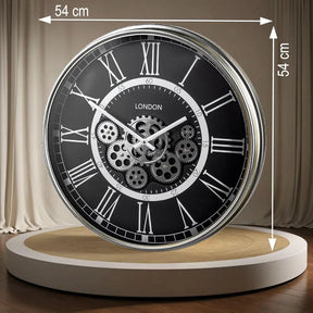 London Wall Clock Metal with Visible Spinning Gears