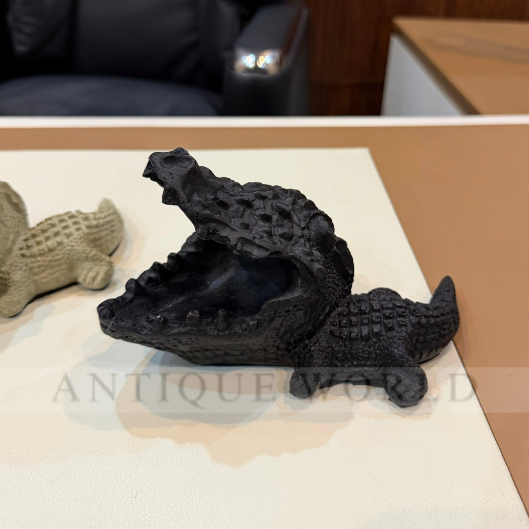 Antique Black & Gold Crocodile Elegance Ash Tray & Card Holder & Sculpture