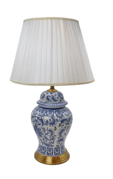 Blue Potery Table Lamp With White Drum