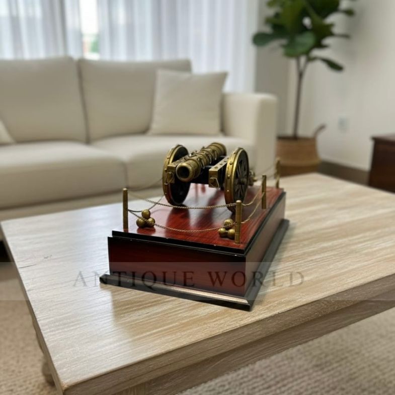 Decorative Antique-Style Brass Cannon Model on Wooden Base