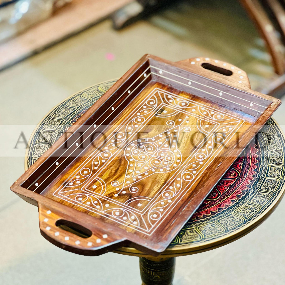 Solid Wood Tray with White Inlay Naqshi Work