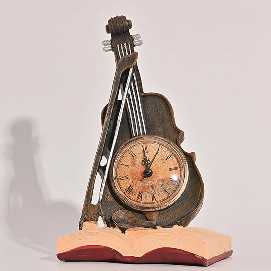 Violin Model Figurine Creative Table Clock Rests On Book