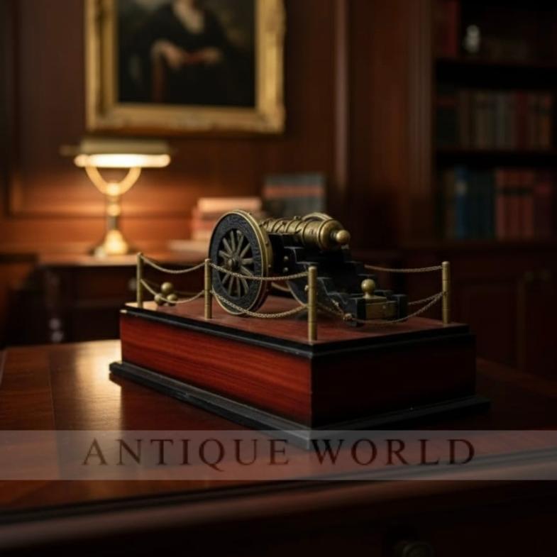 Decorative Antique-Style Brass Cannon Model on Wooden Base