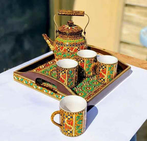 Swati Traditional Art Hand Painted Ceramic Cups and Steel Teapot 6pc Set