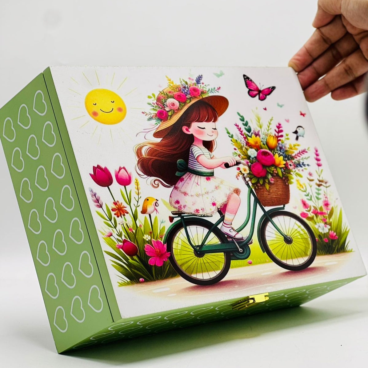 Painting of a Girl Riding with a basket of Flowers Jewellery Box