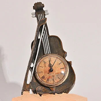 Violin Model Figurine Creative Table Clock Rests On Book