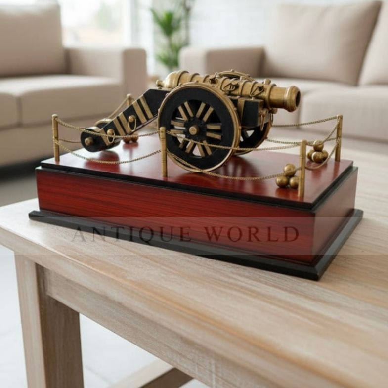 Decorative Antique-Style Brass Cannon Model on Wooden Base