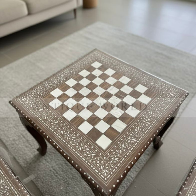 Intricately Carved Chess Table with Cabriole Legs