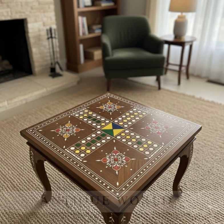 Artisanal Wooden Ludo Table with Cabriole Legs