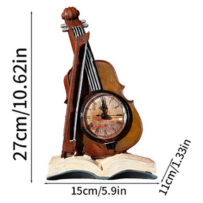 Violin Model Figurine Creative Table Clock Rests On Book