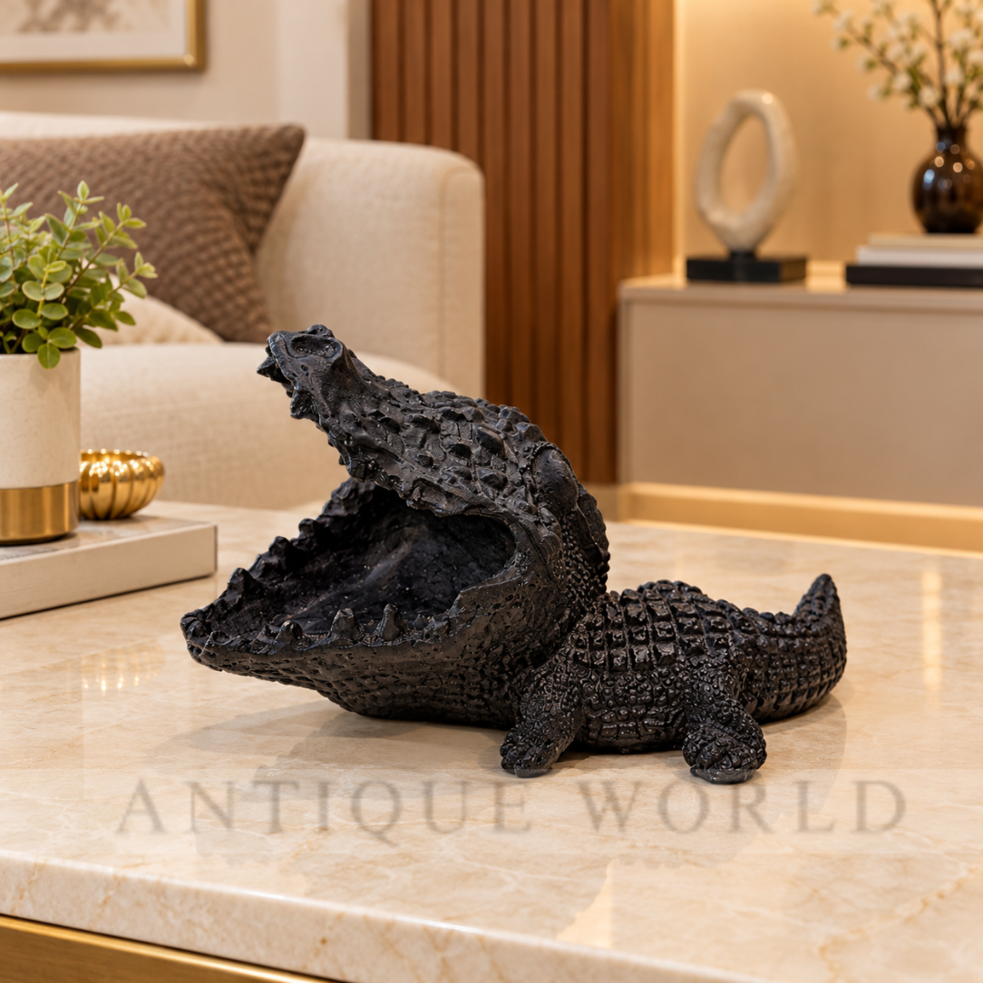 Antique Black & Gold Crocodile Elegance Ash Tray & Card Holder & Sculpture