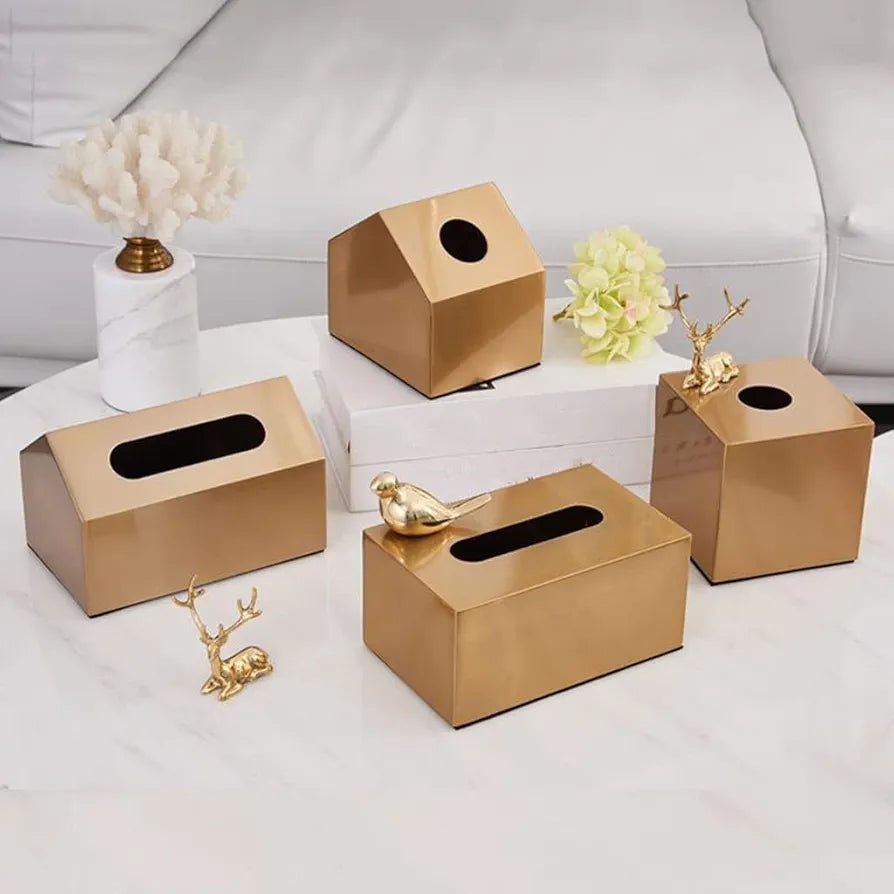 Golden Metal Tissue Box with Small Deer