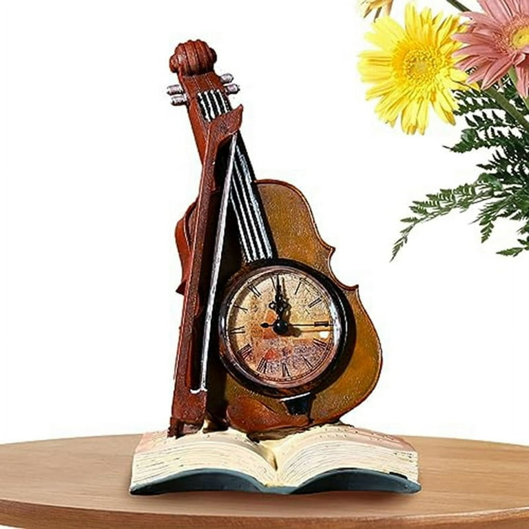 Violin Model Figurine Creative Table Clock Rests On Book