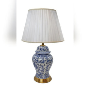 Blue Potery Table Lamp With White Drum