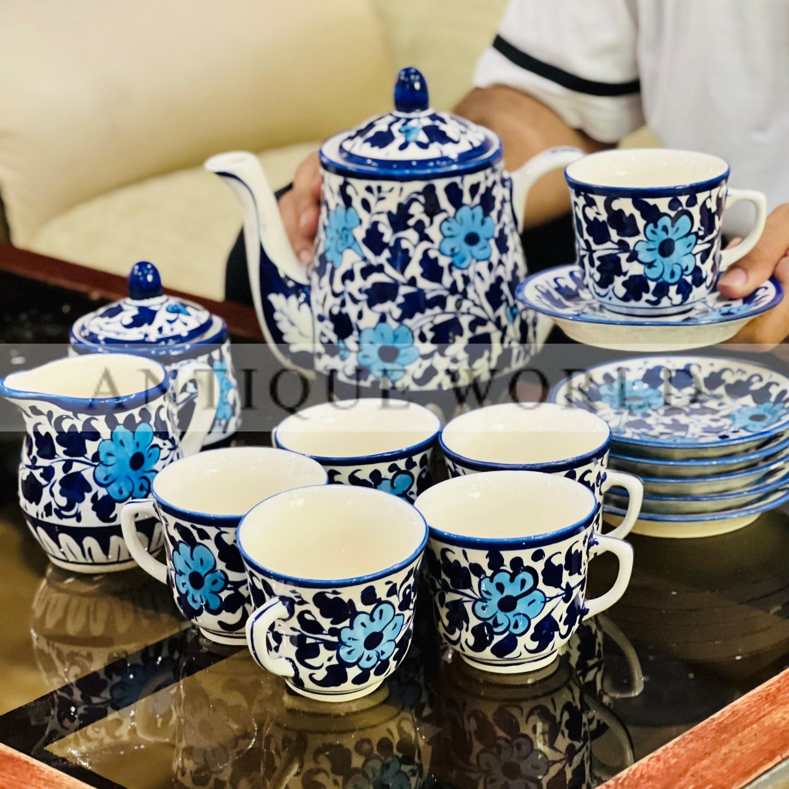 Royal Blue Pottery Blossom Tea Set ( 15pc )