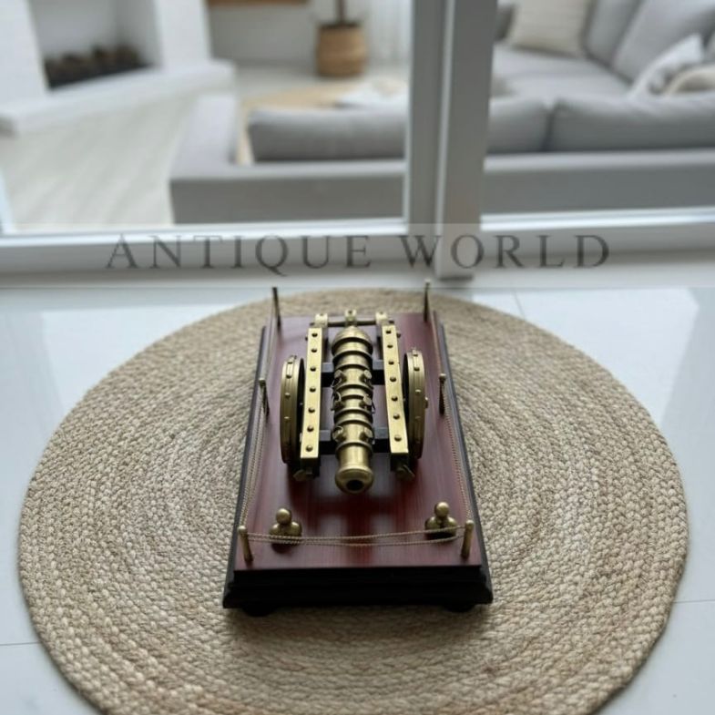 Decorative Antique-Style Brass Cannon Model on Wooden Base