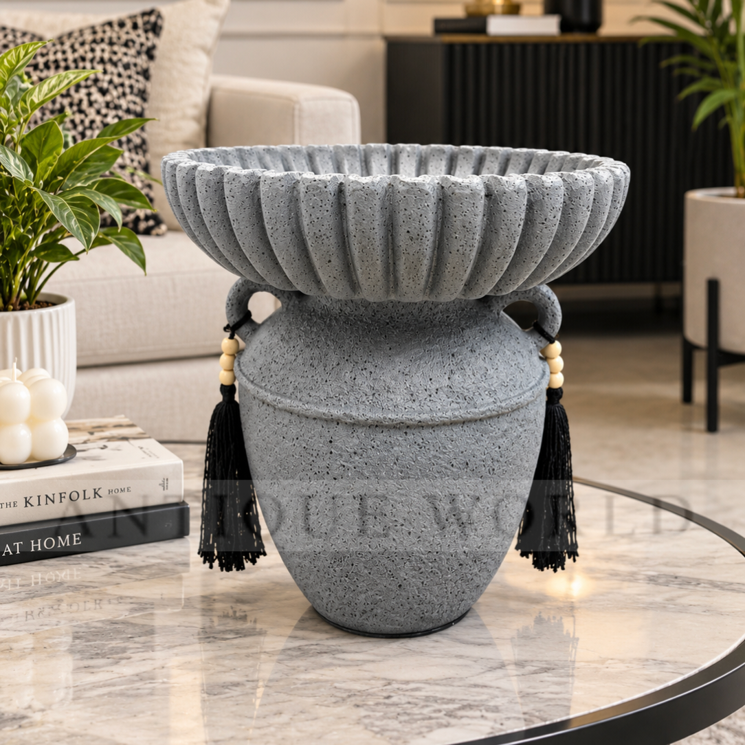 Decorative Textured Urn-Style Bowl with Tassel Accents